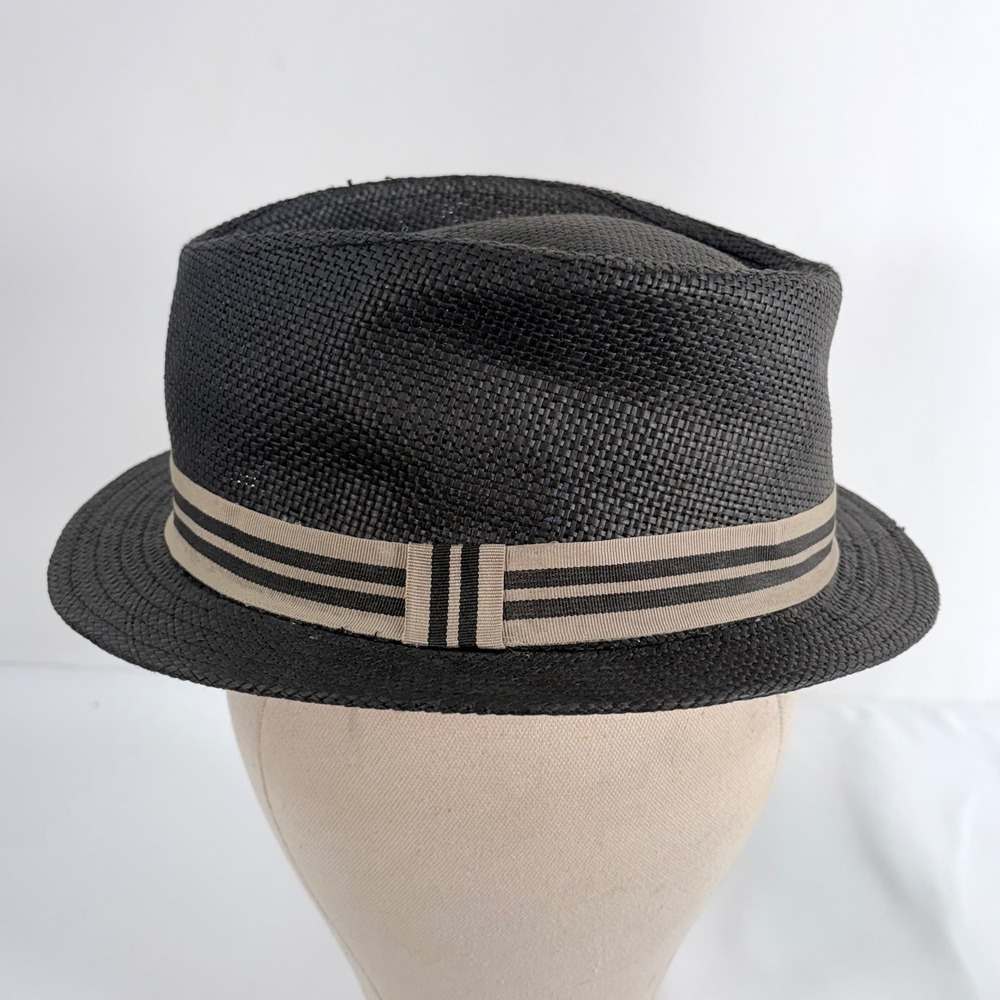 Trevero Fedora Hat Black Paper Straw Striped Band Mens Small